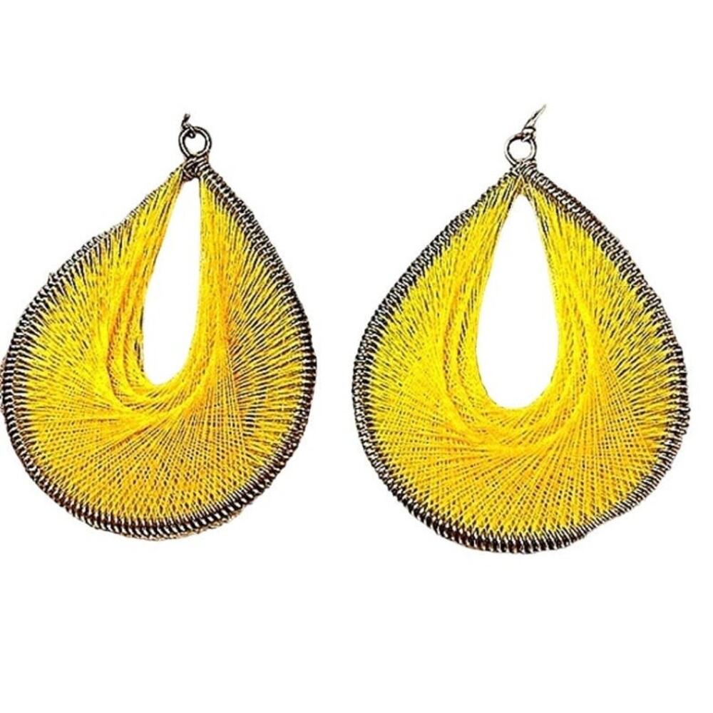 Y2K Large String Art Weaved Earrings Yellow Retro Tear Drop Copper Wired Summer - Picture 3 of 9